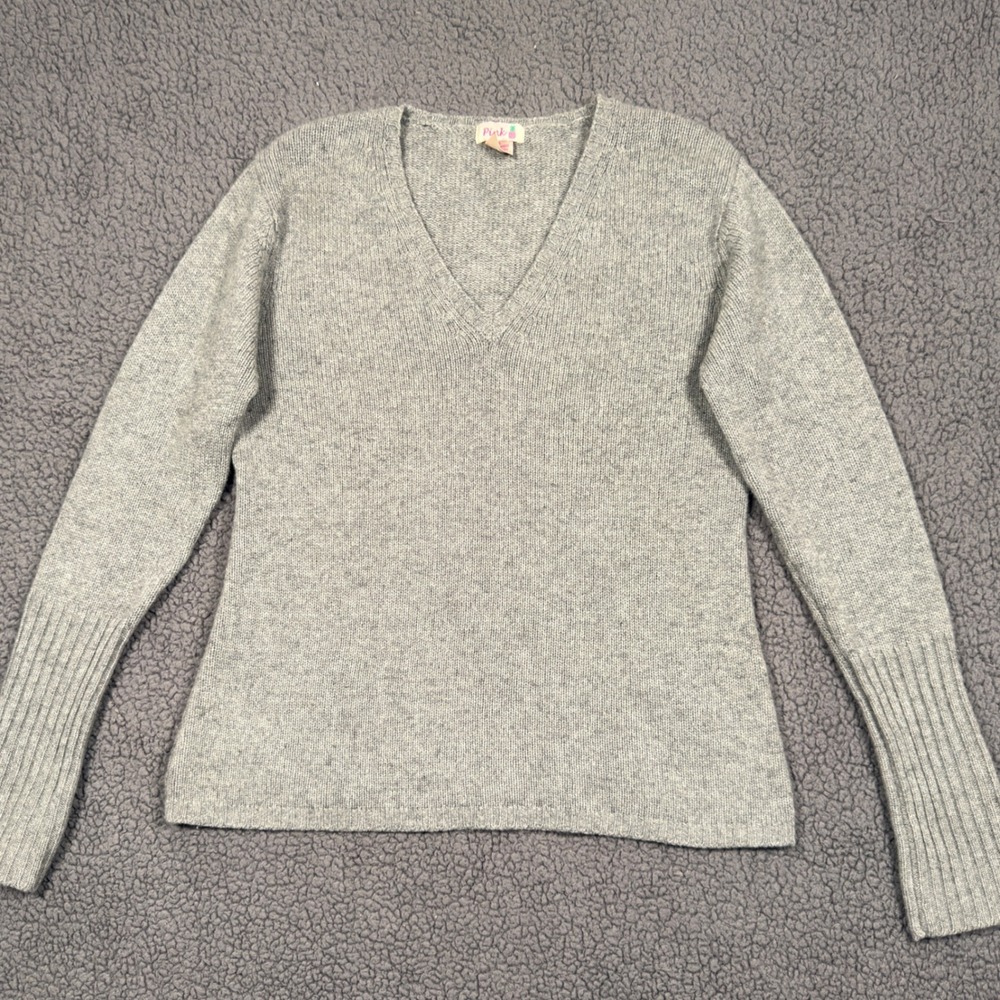 Victoria's Secret Pink Pineapple 100% Cashmere V-Neck Sweater Gray XL Ribbed